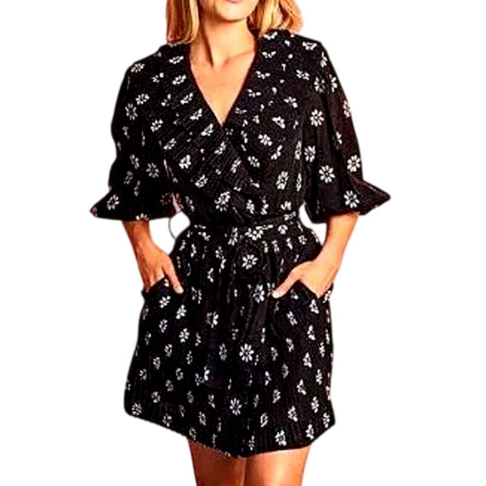 Buru Blanche Floral Pleated Ruffled V-Neck Mini Dress | Sz M, Black White NWT